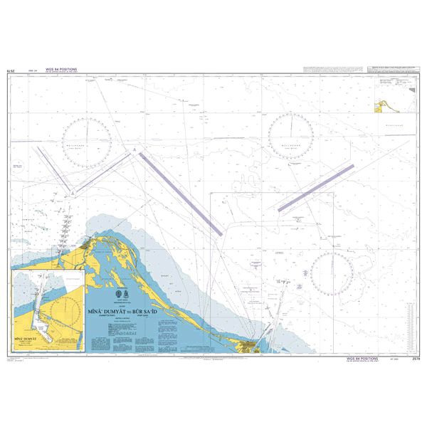 Product image of Admiralty Chart 2578 | Mina' Dumyat to Port Said, featuring navigational markings, depth soundings, and coastal features, essential for safe marine navigation. It could be displayed as an art piece or used for navigation on a boat or ship.