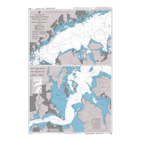 Product image of Admiralty Chart 2580 | Long Island Sound Sheffield Island to Execution Rocks, featuring navigational markings, depth soundings, and coastal features, essential for safe marine navigation. It could be displayed as an art piece or used for navigation on a boat or ship.