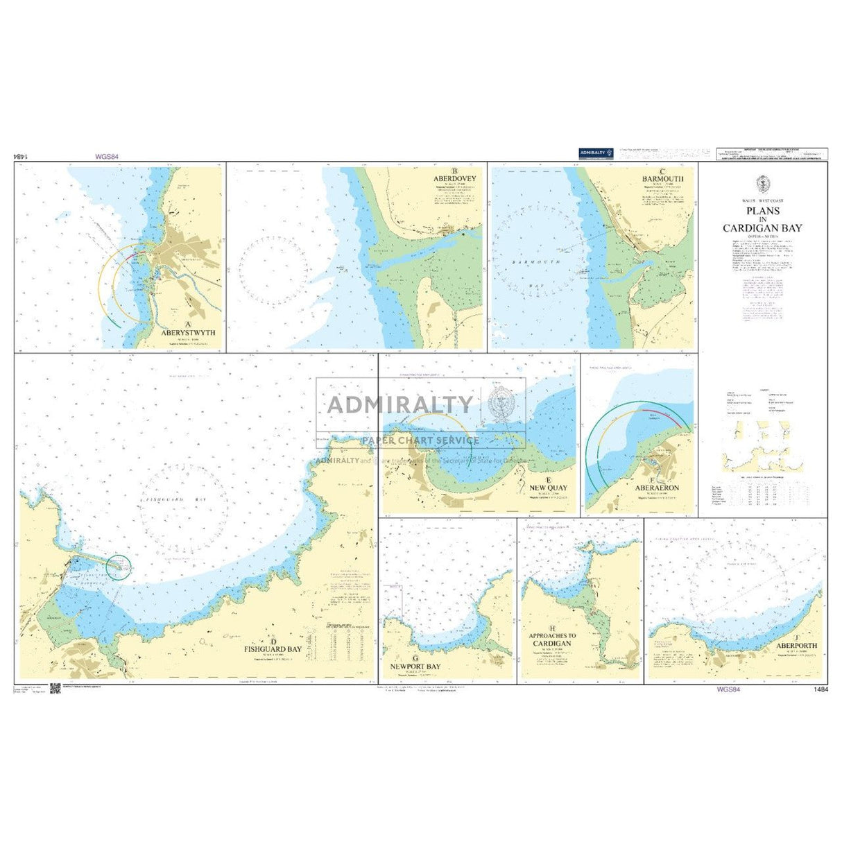 The Admiralty Chart 1484: Plans in Cardigan Bay by Admiralty provides comprehensive nautical coverage of Cardigan Bay, including detailed plans of Aberystwyth, New Quay, Fishguard Bay, harbors, and navigational aids for enhanced navigation.