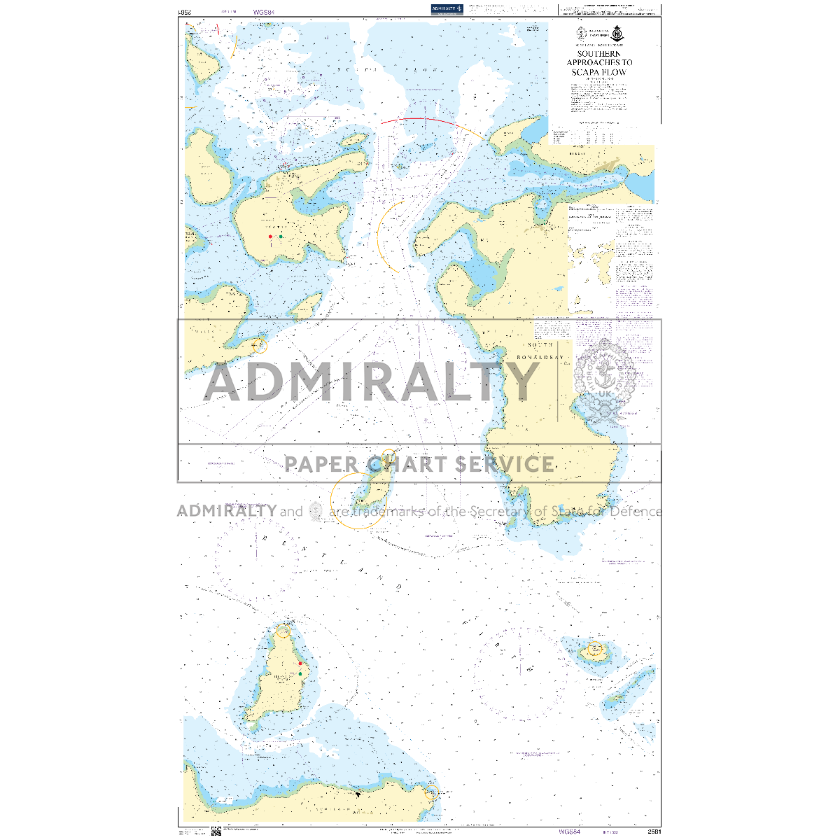 Product image of Admiralty Chart 2581 | Southern Approaches to Scapa Flow, featuring navigational markings, depth soundings, and coastal features, essential for safe marine navigation. It could be displayed as an art piece or used for navigation on a boat or ship.