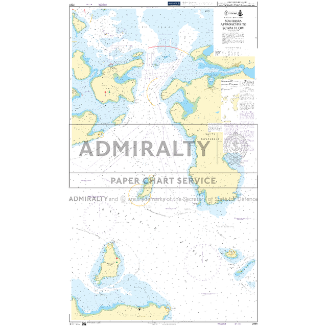 Product image of Admiralty Chart 2581 | Southern Approaches to Scapa Flow, featuring navigational markings, depth soundings, and coastal features, essential for safe marine navigation. It could be displayed as an art piece or used for navigation on a boat or ship.