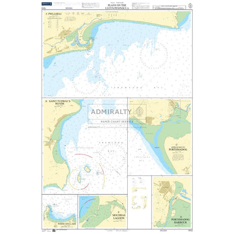 The Admiralty Chart 1512: Plans on the Lleyn Peninsula by Admiralty provides navigational plans around Pwllheli, Saint Tudwal's Roads, Portmadoc, Portdinllaen, and Mochras Lagoon, featuring water depths, navigational aids, coastal details, and commercial shipping routes for safe navigation.