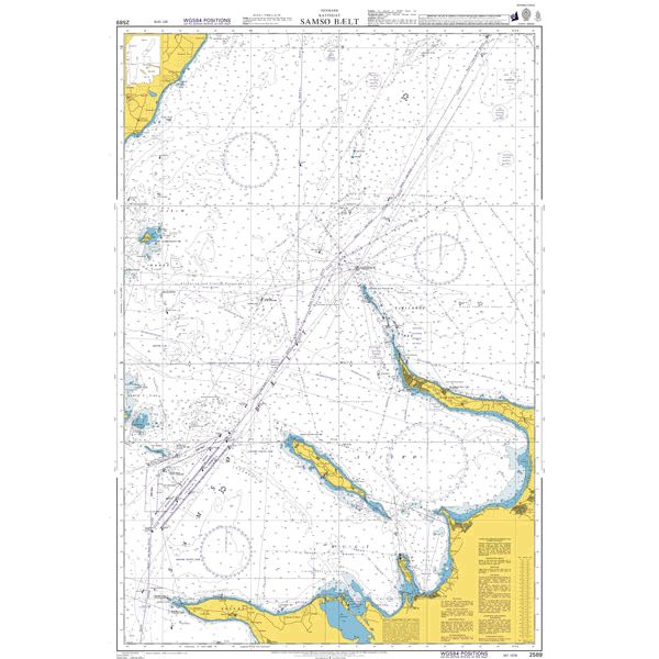 Product image of Admiralty Chart 2589 | Samso Baelt, featuring navigational markings, depth soundings, and coastal features, essential for safe marine navigation. It could be displayed as an art piece or used for navigation on a boat or ship.