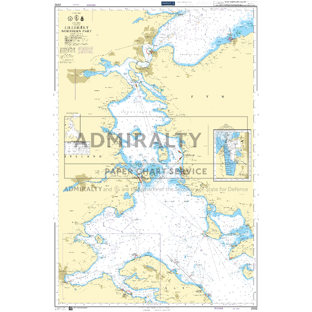 Product image of Admiralty Chart 2592 | Lillebaelt Northern Part, featuring navigational markings, depth soundings, and coastal features, essential for safe marine navigation. It could be displayed as an art piece or used for navigation on a boat or ship.