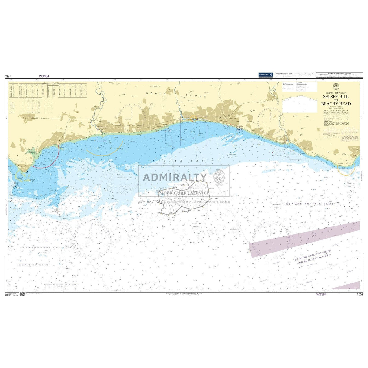 Admiralty Chart 1652: Selsey Bill to Beachy Head by Admiralty shows sea depths, navigational marks, and coastal details for maritime navigation. It includes scale indicators and a key.