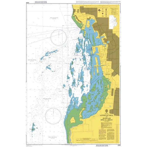 Product image of Admiralty Chart 2599 | Approaches to Jeddah (Jiddah), featuring navigational markings, depth soundings, and coastal features, essential for safe marine navigation. It could be displayed as an art piece or used for navigation on a boat or ship.