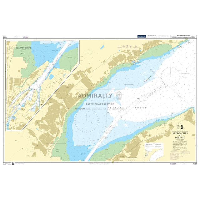 Admiralty Chart 1752: Approaches to Belfast by Admiralty ensures safe navigation with comprehensive coverage of water depths, shipping routes, and navigational aids. Insets offer detailed views of Belfast docks and adjacent areas with clear boundaries.