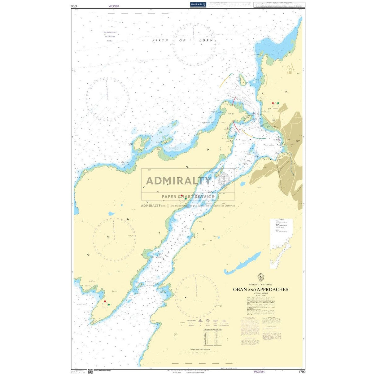 The Admiralty Chart 1790: Oban and Approaches provides essential bathymetric info and navigational markers for safe navigation, showcasing water depths, land elevations, and shipping routes in a gentle yellow and blue palette.