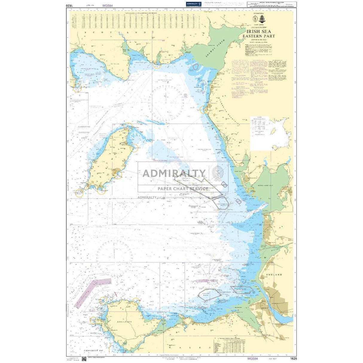 Admiralty Chart 1826: Irish Sea Eastern Part illustrates coastal outlines, depth contours, and navigational aids for safe navigation. It is ideal for commercial shipping routes and features Admiralty's navigation symbols and color-coded depth shading.