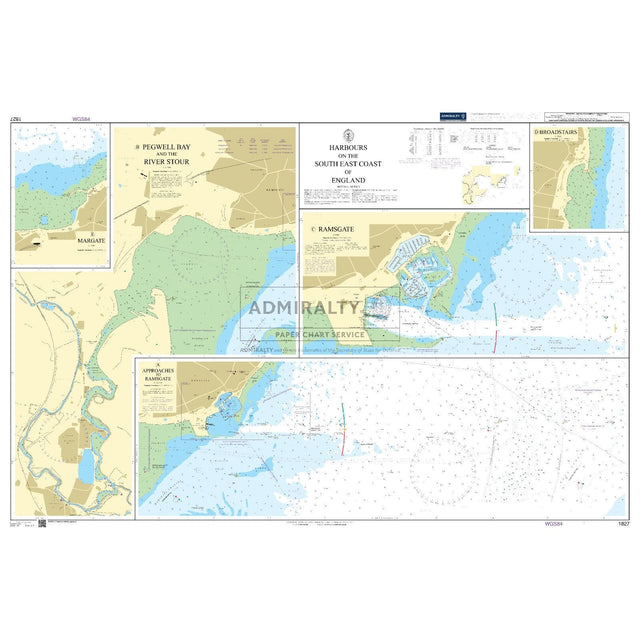 The Admiralty Chart 1827 highlights harbors like Pegwell Bay, River Stour, Ramsgate, and Broadstairs on England's Southeast coast. It features detailed navigation data for deep-sea navigation, coastal features, and water depths vital for commercial shipping routes.