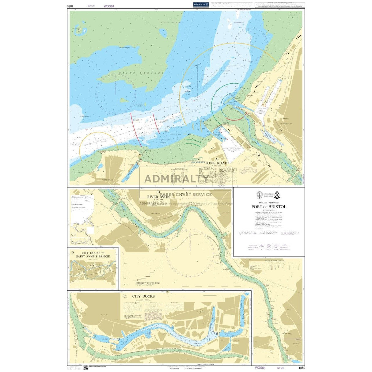 The Admiralty Chart 1859: Port of Bristol, from the Admiralty brand, details the River Avon and surrounding docks with precise navigational routes, depth markings, and landmarks like bridges and roads. It labels King Road and various dock areas.