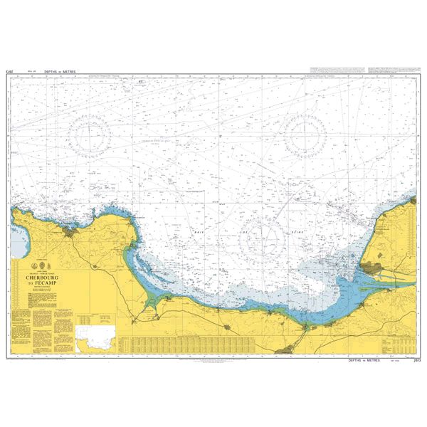 Product image of Admiralty Chart 2613 | Cap de La Hague to Fecamp, featuring navigational markings, depth soundings, and coastal features, essential for safe marine navigation. It could be displayed as an art piece or used for navigation on a boat or ship.