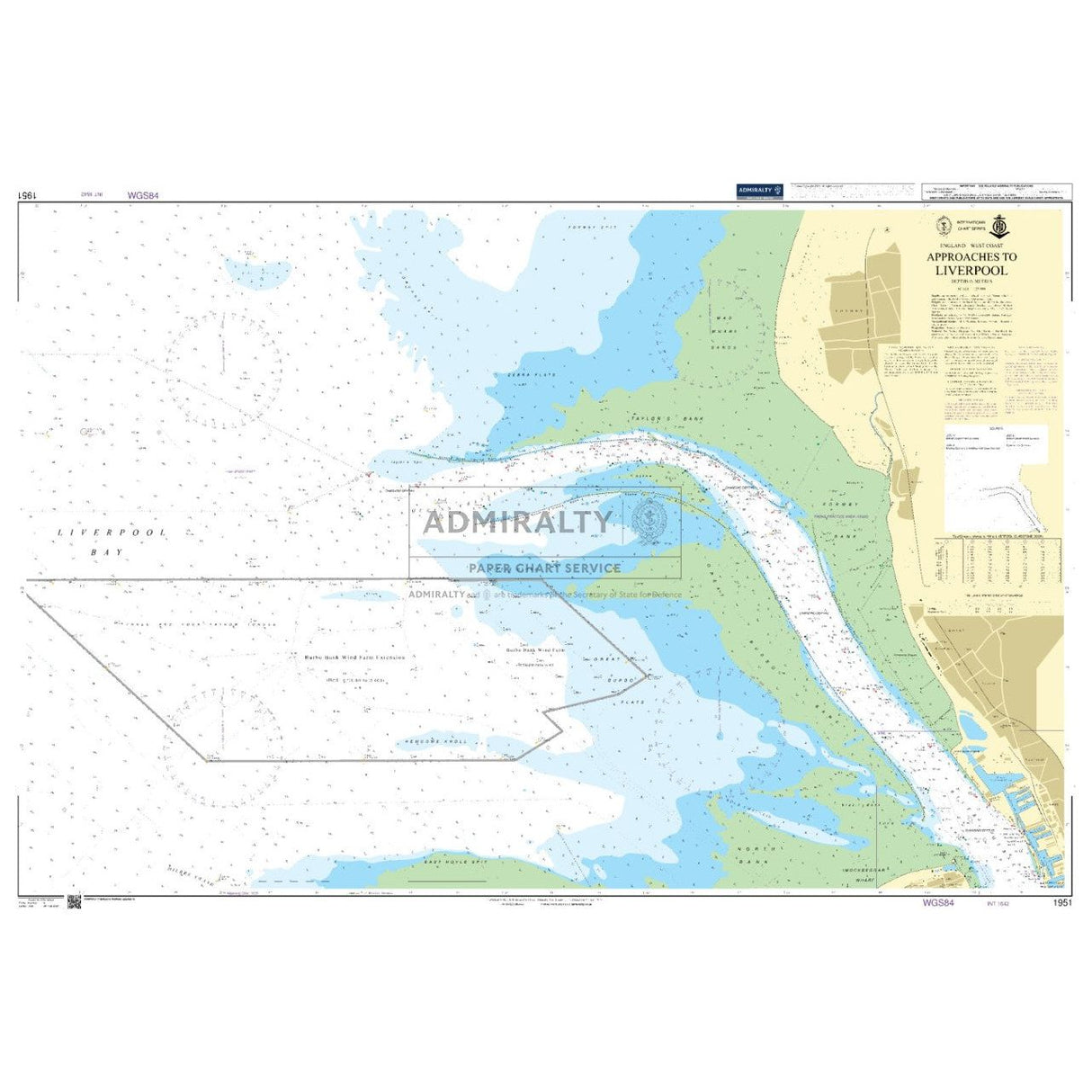 The Admiralty Chart 1951, Approaches to Liverpool by Admiralty, provides detailed coverage for safe navigation, including water depths, routes, and coastal features of Liverpool Bay and the Mersey River with annotations and markers.