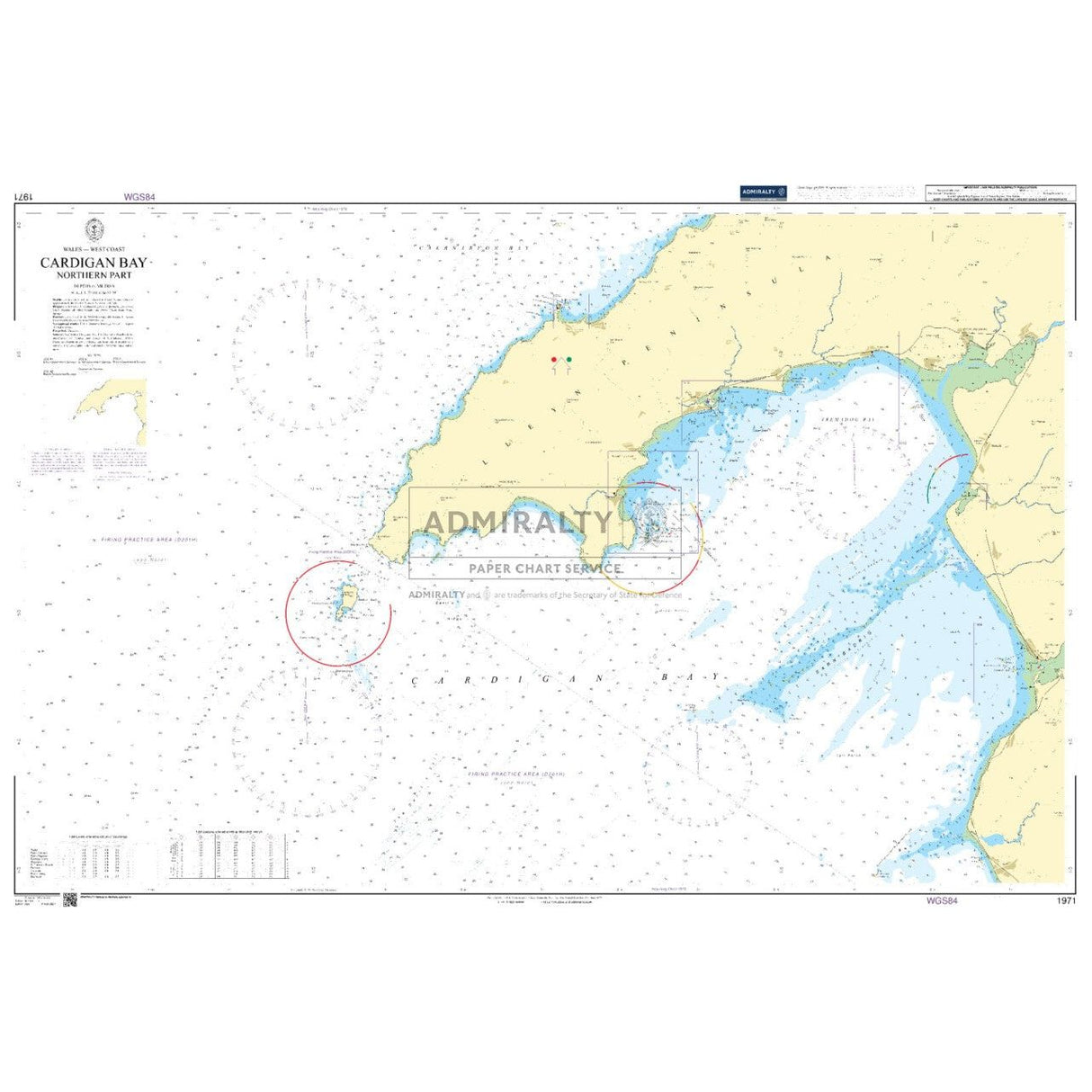 The Admiralty Chart 1971 covers Cardigan Bay's northern part and features coastal outlines, depth contours, navigational markers, harbors, and land elevations for safe navigation. Printed by Admiralty Paper Chart Service, it provides comprehensive coverage of this maritime area.