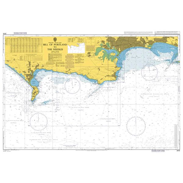 Product image of Admiralty Chart 2615 | Portland Bill to The Needles, featuring navigational markings, depth soundings, and coastal features, essential for safe marine navigation. It could be displayed as an art piece or used for navigation on a boat or ship.