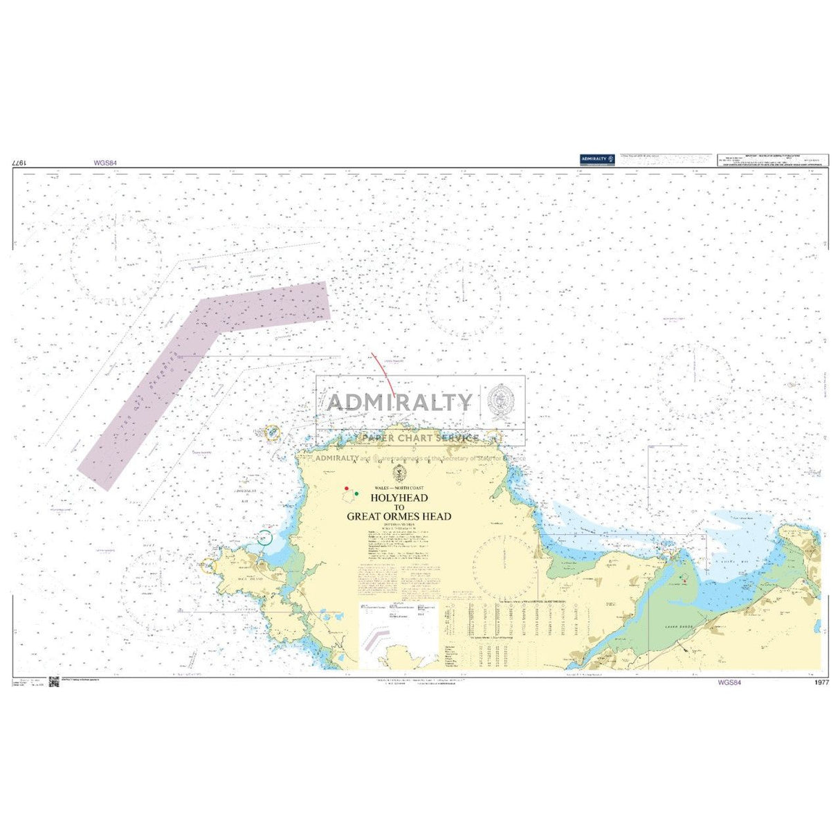 The Admiralty Chart 1977, "Holyhead to Great Ormes Head," provides extensive coastal and marine details—depths, navigation aids, land topography—for safe navigation with a prominent Admiralty seal in the center.