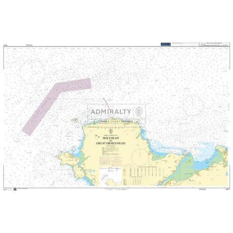 The Admiralty Chart 1977, "Holyhead to Great Ormes Head," provides extensive coastal and marine details—depths, navigation aids, land topography—for safe navigation with a prominent Admiralty seal in the center.