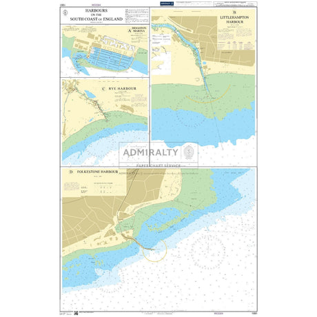 The Admiralty Chart 1991 displays harbors on England's South Coast, covering Littlehampton, Rye, and Folkestone. It includes navigational markers, depths, coastal features, essential shipping routes, and meets SOLAS regulations.