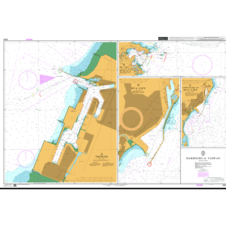 Product image of Admiralty Chart 2618 | Harbours in Taiwan, featuring navigational markings, depth soundings, and coastal features, essential for safe marine navigation. It could be displayed as an art piece or used for navigation on a boat or ship.