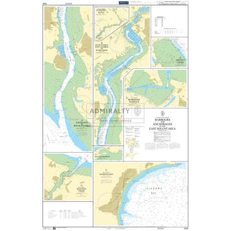 The Admiralty Chart 2022 outlines harbors and anchorages in the East Solent, featuring Portsmouth, Bembridge, and Sandown Bay with details on water depths, navigation marks, nearby coastal areas, and commercial shipping routes.