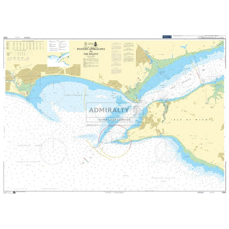 Admiralty Chart 2035: Western Approaches to The Solent highlights depth contours and shipping channels around the Isle of Wight using blue water areas. Vibrant yellow and green depict landmasses on these paper charts, ensuring safe navigation.