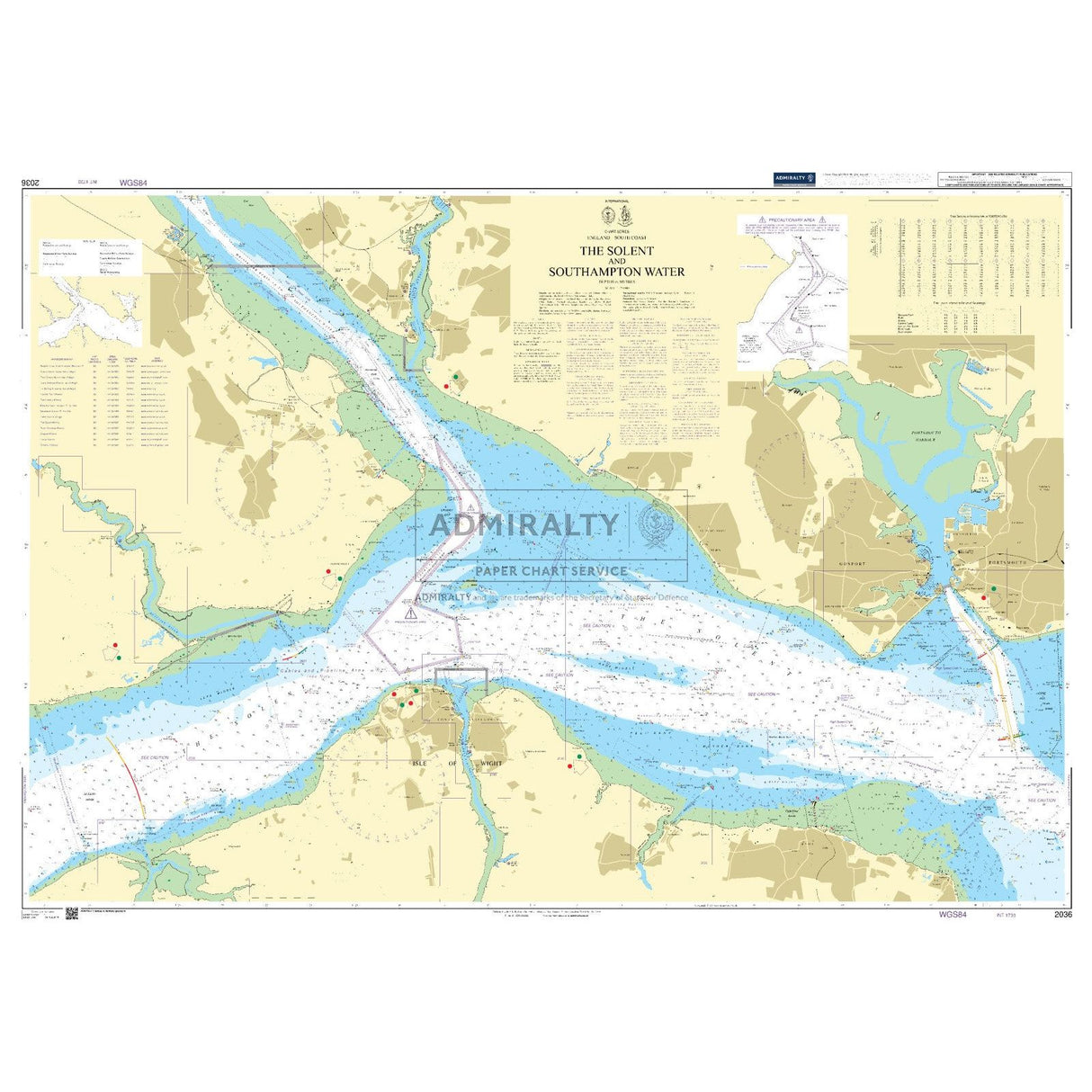 The Admiralty Chart 2036: The Solent and Southampton Water by Admiralty displays detailed water depths, shipping routes, landmarks, and geographical features, with symbols and text for additional marine navigation information.