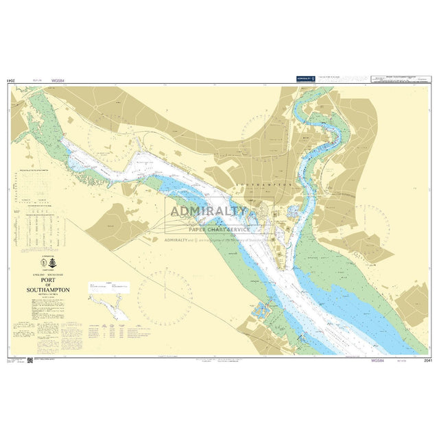 Admiralty Chart 2041: Port of Southampton by Admiralty offers detailed waterway routes, depths, and land areas, featuring navigational aids, landmarks, and port facilities. This chart is essential for understanding commercial shipping routes.