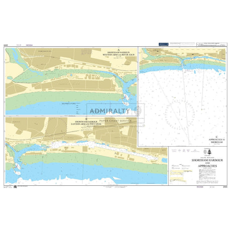 The Admiralty Chart 2044: Shoreham Harbour and Approaches provides detailed nautical charts with depth indicators and navigation details, featuring three sections for precise guidance in different areas of the port.