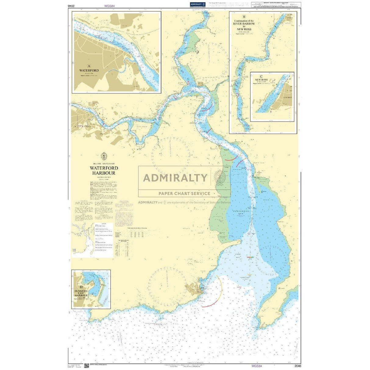 Admiralty Chart 2046: Waterford Harbour offers detailed maps of the river estuary and coastal areas, with insets of Waterford city and nearby regions. Admiralty's Standard Nautical Charts mark aids, depths, and landmarks for safe navigation.