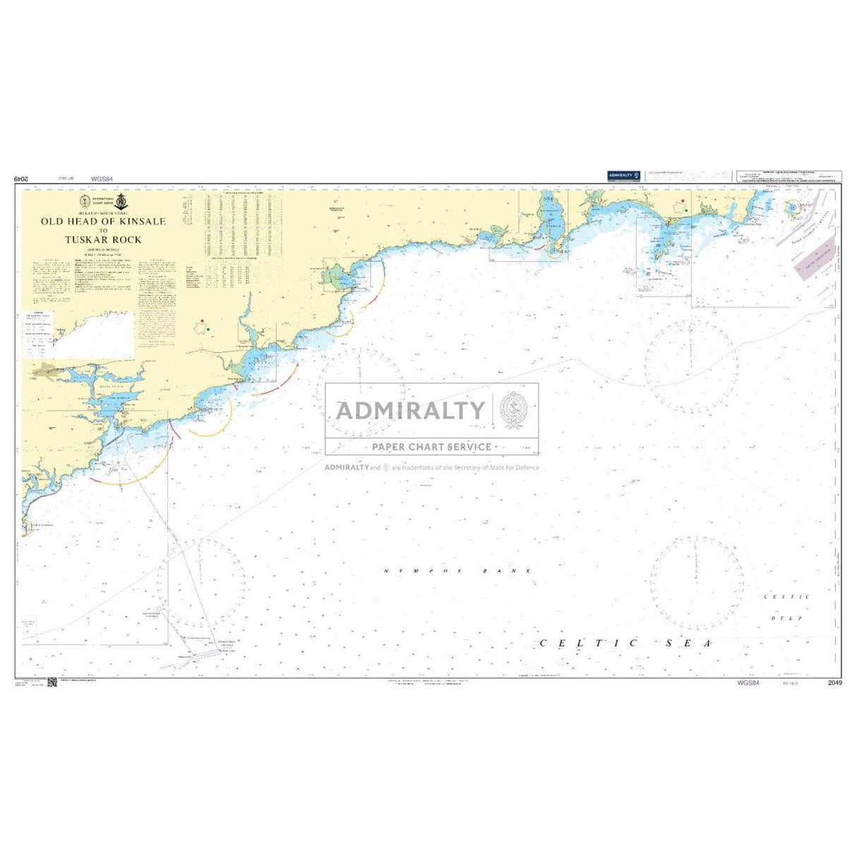 The Admiralty Chart 2049 depicts the Irish coastline from Old Head of Kinsale to Tuskar Rock, highlighting depth contours, coastal features, and key navigation elements like aids and hazards for Celtic Sea shipping routes.