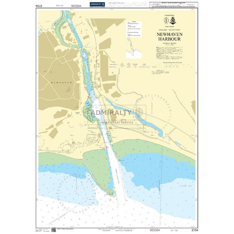 Admiralty Chart 2154: Newhaven Harbour by Admiralty provides a detailed nautical chart with navigational info, including water depths, land features, and aids. It includes a legend, scale, and coordinates essential for deep-sea navigation and commercial shipping routes.