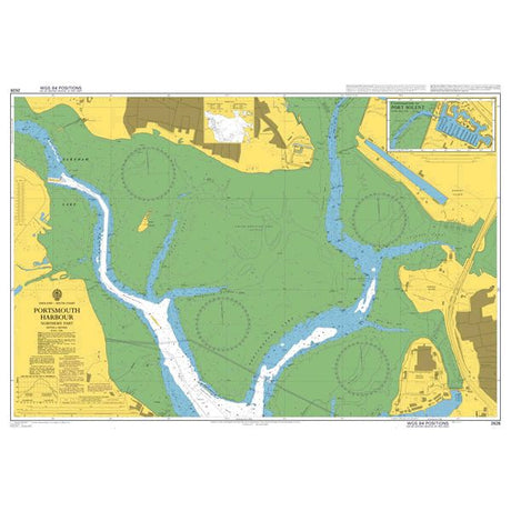 Product image of Admiralty Chart 2628 | Portsmouth Harbour Northern Part, featuring navigational markings, depth soundings, and coastal features, essential for safe marine navigation. It could be displayed as an art piece or used for navigation on a boat or ship.