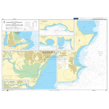 Admiralty Chart 2172, by Admiralty, showcases harbors and anchorages along England's south coast, featuring Weymouth and Poole. Insets provide essential navigational details for deep-sea navigation on commercial shipping routes.