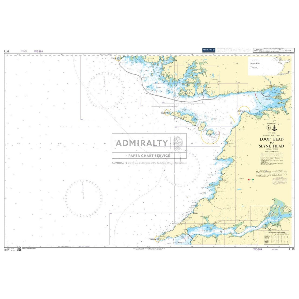 Admiralty Chart 2173: Loop Head to Slyne Head provides detailed coastlines, navigation routes, depth measurements, and maritime symbols for safe sailing. It includes islands and coastal topography, with "ADMIRALTY Standard Nautical Charts" prominently labeled in the center.