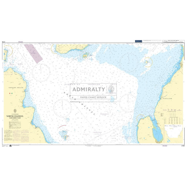 Admiralty Chart 2199: North Channel Northern Part details depths, markers, and coastal features for safe navigation between Ireland's northeast coast and Scotland's southwest, essential under the ADMIRALTY Standard Nautical Chart Service for commercial shipping routes.