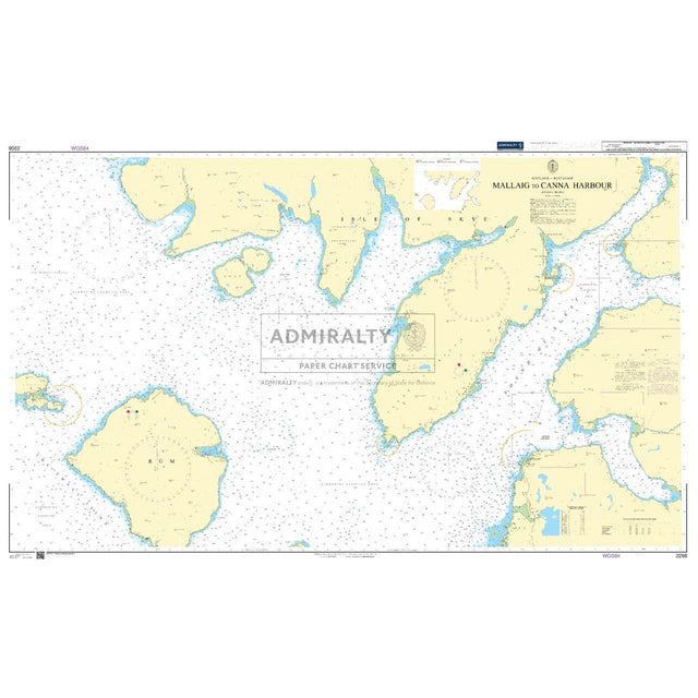 The Admiralty Chart 2208: Mallaig to Canna Harbour by Admiralty ensures safe navigation with detailed sea depths, coastal outlines, islands, navigational lines, maritime symbols, geographic coordinates, and marine information.