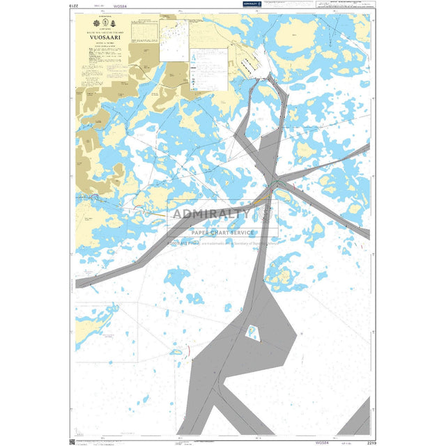 The Admiralty Chart 2219: Vuosaari, from Admiralty, is a nautical chart designed for safe navigation, featuring waterways, land areas, navigational routes, and depth soundings with color-coded blue and tan areas along with prominent labels and directional lines.