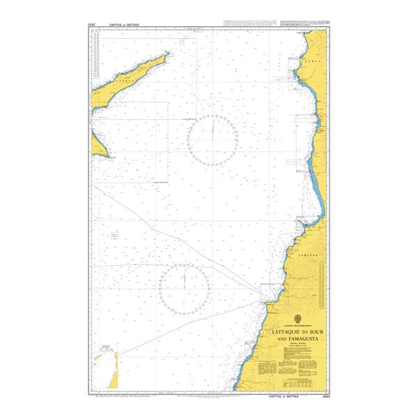 Product image of Admiralty Chart 2633 | Al Ladhiqiyah to Sour and Famagusta, featuring navigational markings, depth soundings, and coastal features, essential for safe marine navigation. It could be displayed as an art piece or used for navigation on a boat or ship.