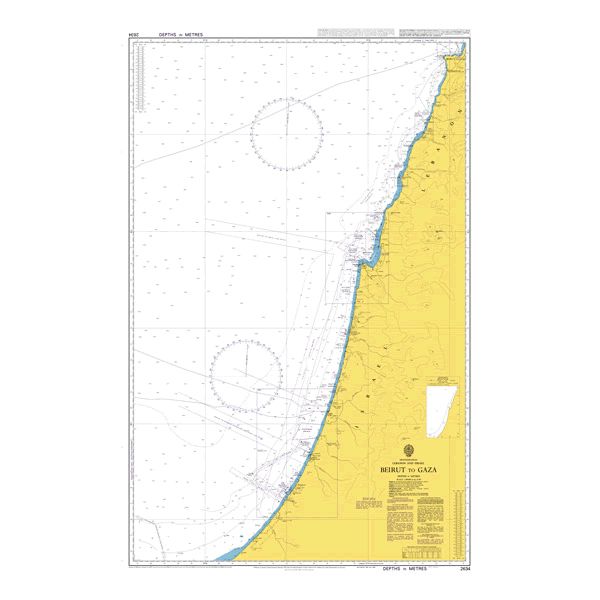 Product image of Admiralty Chart 2634 | Beyrouth (Beirut) to Gaza, featuring navigational markings, depth soundings, and coastal features, essential for safe marine navigation. It could be displayed as an art piece or used for navigation on a boat or ship.