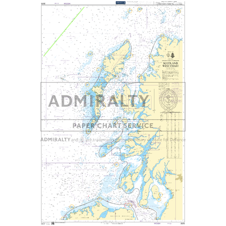 Product image of Admiralty Chart 2635 | Scotland West Coast, featuring navigational markings, depth soundings, and coastal features, essential for safe marine navigation. It could be displayed as an art piece or used for navigation on a boat or ship.