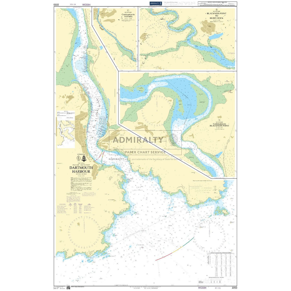 The Admiralty Chart 2253: Dartmouth Harbour offers detailed water depths, navigational aids, and topographical features. Insets for Blackstone Point and Blackpool Sands make it ideal for deep-sea navigation. It includes coordinates and maritime information. Brand: Admiralty.