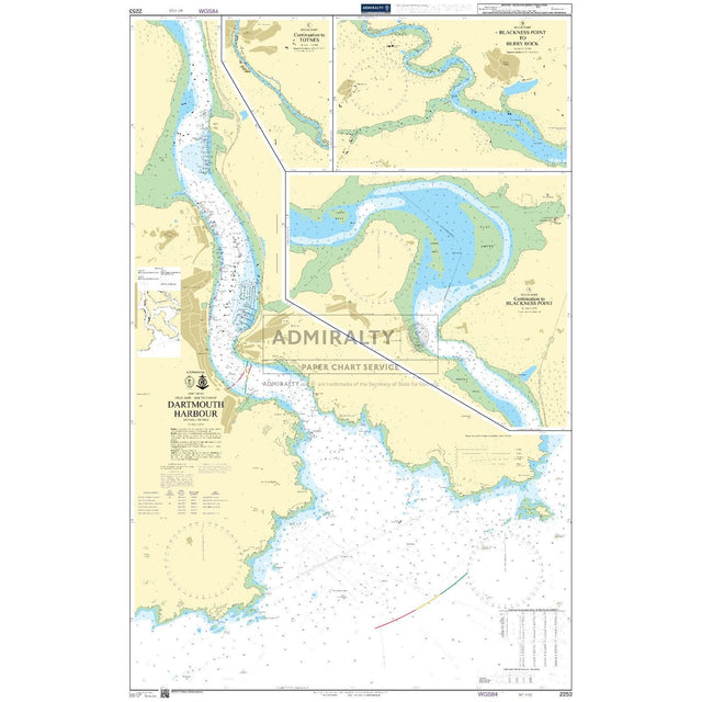 The Admiralty Chart 2253: Dartmouth Harbour offers detailed water depths, navigational aids, and topographical features. Insets for Blackstone Point and Blackpool Sands make it ideal for deep-sea navigation. It includes coordinates and maritime information. Brand: Admiralty.