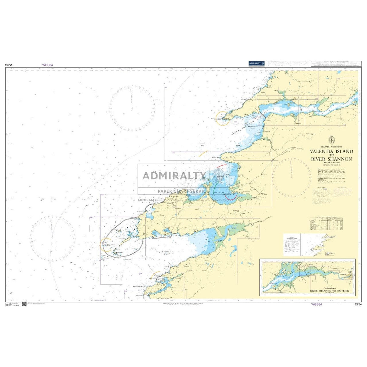 Admiralty Chart 2254: Valentia Island to River Shannon by Admiralty provides detailed coverage of the maritime area, featuring navigational routes, depth markings, geographic features, and a regional inset to ensure safe navigation.