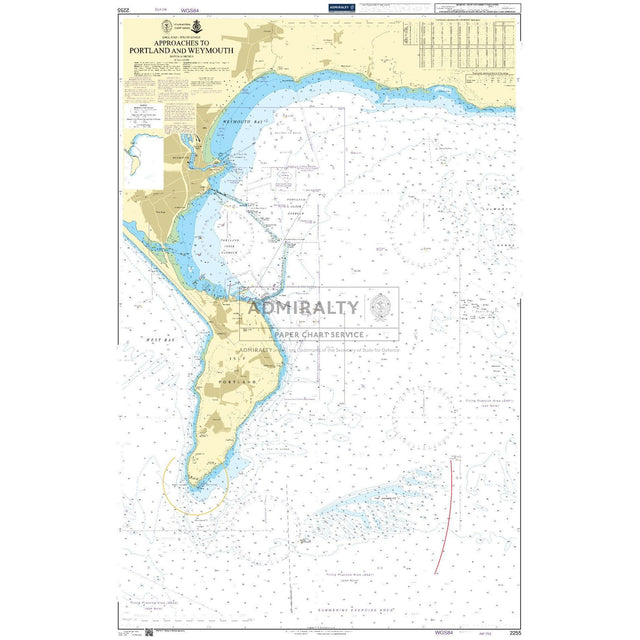 Admiralty Chart 2255: Approaches to Portland and Weymouth by Admiralty includes coastline, buoys, water depths, navigation routes, detailed annotations, and maritime symbols for safe navigation along vital shipping routes.