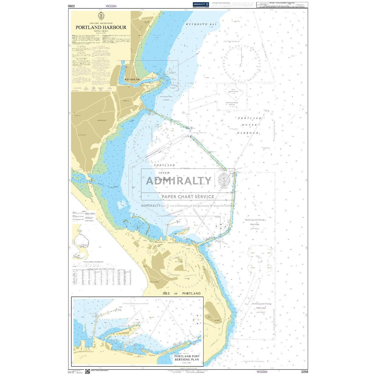 The Admiralty Chart 2268 from Admiralty details Portland Harbour's navigational routes, depths, and coastal features. It includes symbols, a compass rose, and landmarks essential for navigation, with blue areas indicating water depths crucial for shipping routes.