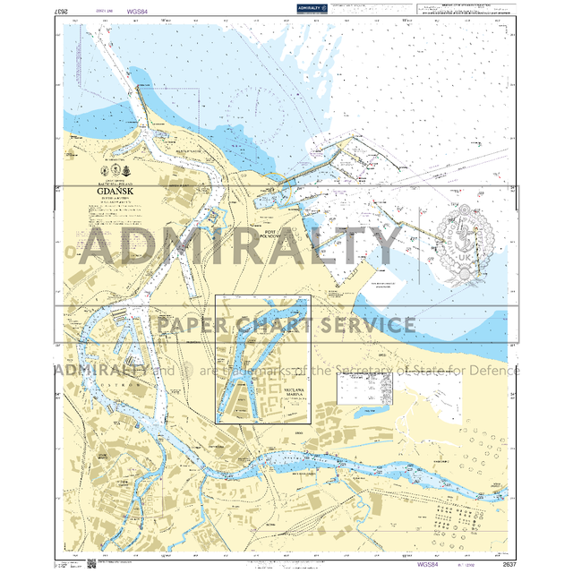 Product image of Admiralty Chart 2637 | Gdansk, featuring navigational markings, depth soundings, and coastal features, essential for safe marine navigation. It could be displayed as an art piece or used for navigation on a boat or ship.