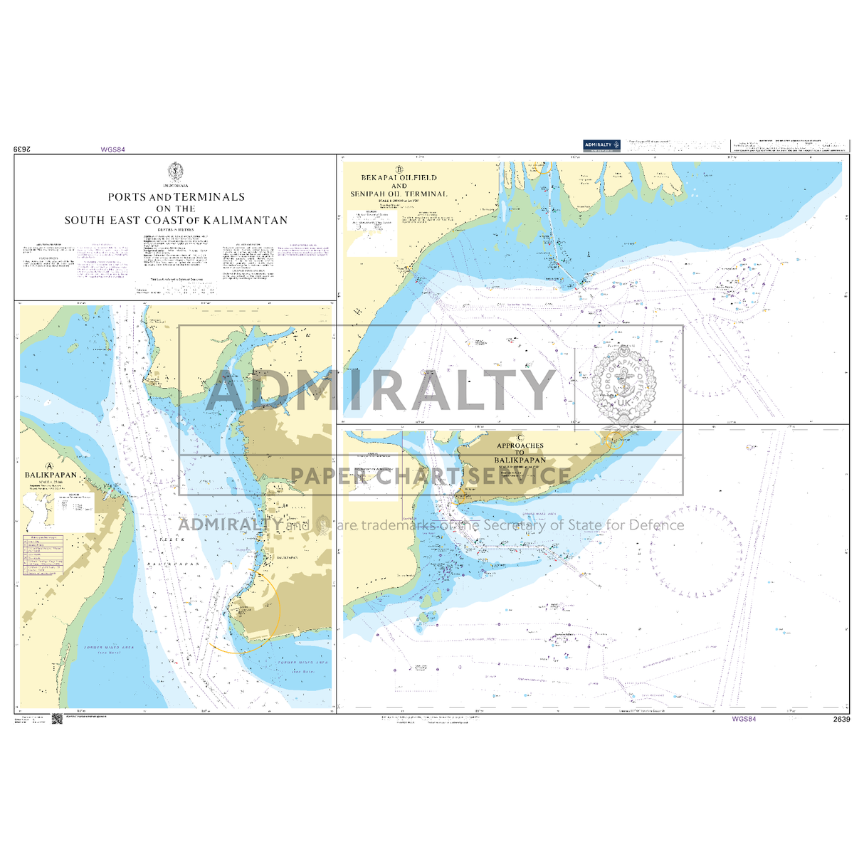 Product image of Admiralty Chart 2639 | Ports and Terminals on the South East Coast of Kalimantan, featuring navigational markings, depth soundings, and coastal features, essential for safe marine navigation. It could be displayed as an art piece or used for navigation on a boat or ship.