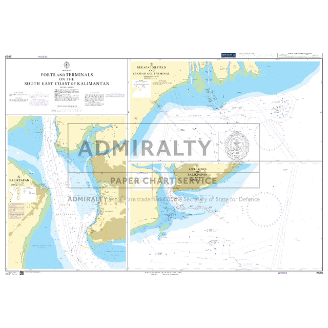 Product image of Admiralty Chart 2639 | Ports and Terminals on the South East Coast of Kalimantan, featuring navigational markings, depth soundings, and coastal features, essential for safe marine navigation. It could be displayed as an art piece or used for navigation on a boat or ship.