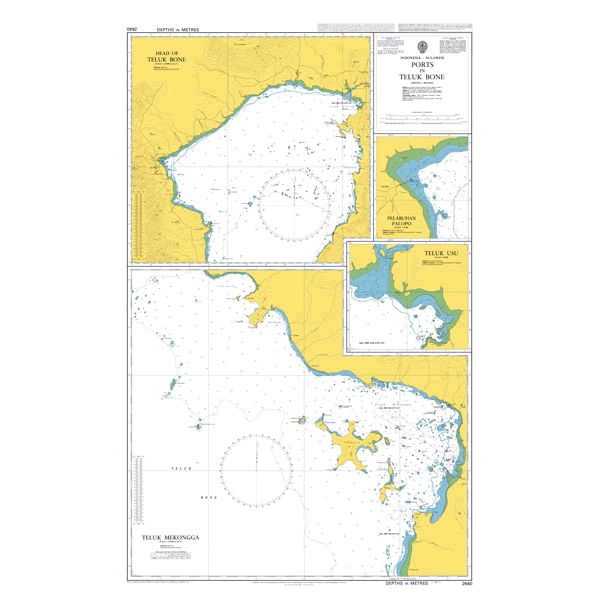 Product image of Admiralty Chart 2640 | Ports in Teluk Bone, featuring navigational markings, depth soundings, and coastal features, essential for safe marine navigation. It could be displayed as an art piece or used for navigation on a boat or ship.