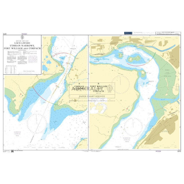 Admiralty Chart 2372 by Admiralty shows Loch Linnhe, Corran Narrows, Fort William, and Corpach with commercial routes, waterways, depth contours, navigational aids, and topography. It includes coordinates and sectional mappings for safe navigation.